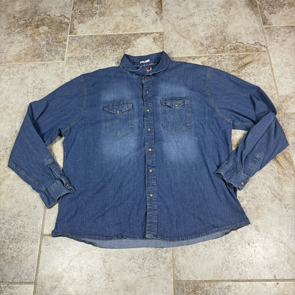 Mens Denim Shirt Long Sleeve Western Style Pearl Snap 3XL Blue Casual